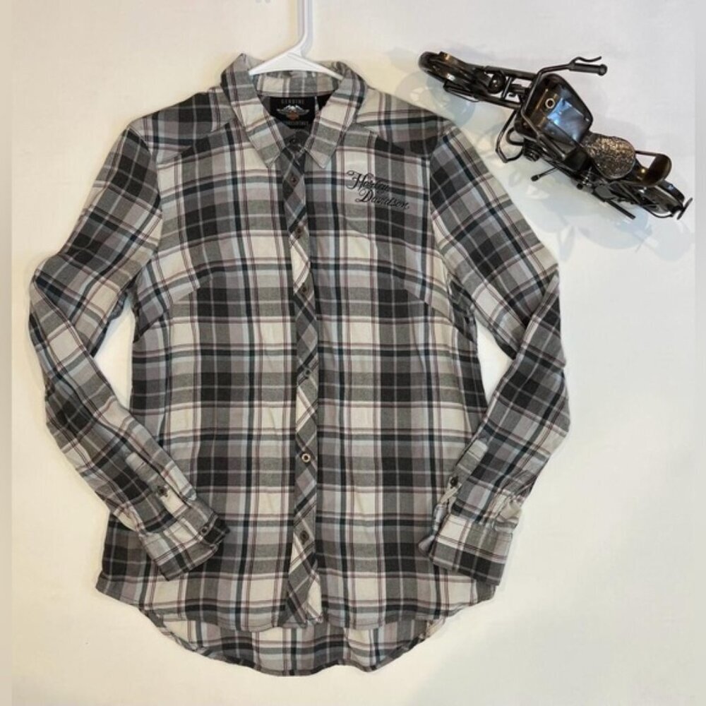 HARLEY-DAVIDSON Button Up Collared Long Sleeve Plaid Shirt 100% Rayon Size SMALL